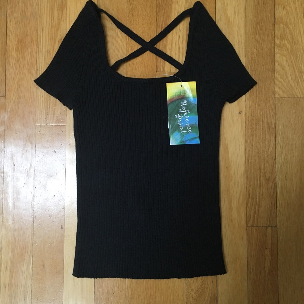 Reference Point Black Knit Criss Cross Short Sleeve Cotton Sweater Size Small